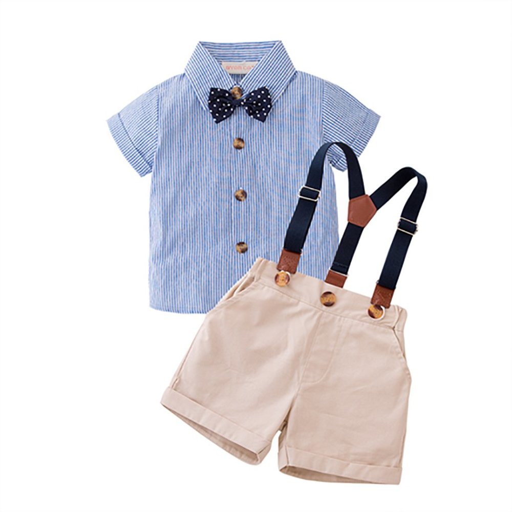 Blue Striped Button-Down Shirt and Shorts, Suspenders 3pcs Little Boy Outfit
